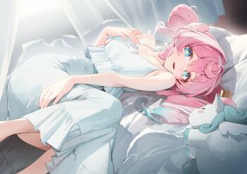 Rule 34 | 1girl, absurdres, alternate costume, apopo, aqua eyes, bright pupils, crown, curtains, dappled sunlight, dress, drill hair, frills, gradient hair, hashtag-only commentary, highres, honkai: star rail, honkai (series), hyacine (honkai: star rail), little ica (honkai: star rail), lying, mini crown, multicolored hair, open mouth, pegasus, pillow, pink hair, sleeping, sleeveless, sparkling eyes, sunlight, twin drills, white dress