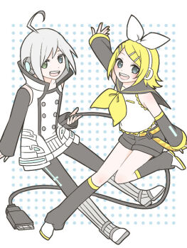 1boy 1girl :d ahoge androgynous aqua_eyes aqua_nails arm_up black_leggings black_sleeves blonde_hair boots bow buttons commentary_request double-breasted green_eyes grey_boots grey_leg_warmers grey_shorts grey_sleeves hair_bow hair_ornament hairclip headphones heterochromia kagamine_rin leg_warmers leggings looking_at_viewer open_mouth parallel_hairclips sailor_collar sailor_shirt shirt shoes short_hair shorts simple_background skc sleeveless sleeveless_shirt sleeveless_tunic smile tail tunic usb_cable utatane_piko vocaloid white_bow white_hair white_shoes white_tunic yellow_bow yellow_nails yellow_trim