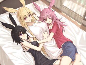 3girls bed black_dress black_hair blonde_hair blue_shorts blush breasts collarbone commentary_request dress elfenlied22 fate/grand_order fate_(series) hair_between_eyes head_wings hildr_(fate) hug large_breasts long_hair looking_at_viewer lying multiple_girls naked_shirt on_back on_bed on_side ortlinde_(fate) pink_hair pink_shirt red_eyes shirt short_dress short_hair shorts smile spaghetti_strap thrud_(fate) valkyrie_(fate) very_long_hair white_shirt window wings