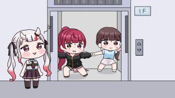 3girls :d anchor bare_shoulders black_bow black_jacket black_necktie black_shoes blue_shirt blush_stickers bow brown_eyes brown_hair brown_shoes brown_skirt brown_thighhighs chibi closed_umbrella clothes_writing copyright_name elevator gradient_hair grey_hair grey_skirt hair_bow hair_ornament heterochromia highres holding_hands hololive hood hood_down hooded_jacket horns houshou_marine houshou_marine_(summer) indoors jacket long_hair low_ponytail mochimiko multicolored_hair multiple_girls nakiri_ayame nakiri_ayame_(streetwear) necktie oni open_mouth outstretched_arms pink_umbrella ponytail red_eyes red_hair shirt shoes short_sleeves skirt sleeveless sleeveless_shirt smile spread_arms streaked_hair thighhighs trembling twintails umbrella very_long_hair virtual_youtuber white_shirt white_shoes x_hair_ornament