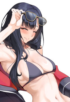 1girl absurdres adjusting_eyewear bikini black_bikini black_hair black_jacket blue_archive breasts brown-framed_eyewear closed_eyes closed_mouth commentary eyewear_on_head highres ichika_(blue_archive) ichika_(swimsuit)_(blue_archive) jacket long_hair medium_breasts micro_bikini navel official_alternate_costume simple_background smile solo sunglasses swimsuit tacoo_ji upper_body white_background