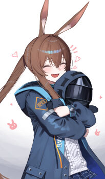 1girl :d ^_^ absurdres amiya_(arknights) animal_ear_fluff animal_ears arknights blue_jacket blue_skirt brown_hair center_frills character_doll closed_eyes commentary doctor_(arknights) doll frills gradient_background grey_background hair_between_eyes highres hood hood_down hooded_jacket hugging_object jacket kimsuwan2013 long_hair long_sleeves open_clothes open_jacket open_mouth pleated_skirt ponytail puffy_long_sleeves puffy_sleeves rabbit_ears shirt skirt smile solo very_long_hair white_background white_shirt