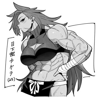 1girl abs biceps black_hakama breasts cleavage cleavage_cutout clothing_cutout commentary_request crop_top deltoids facial_scar greyscale hakama hakama_pants hand_on_own_hip highres hip_vent japanese_clothes kagura_(wakeari_shinrei_mansion) large_breasts long_hair monochrome muscular muscular_female nebukuro41 obliques pants scar scar_on_arm scar_on_cheek scar_on_face serratus_anterior skin_tight sweat triceps veins veiny_arms wakeari_shinrei_mansion