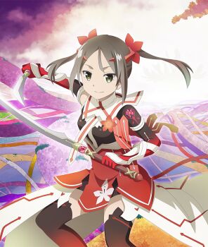 1girl black_bodysuit black_thighhighs bodysuit breasts brown_hair closed_mouth cloud dual_wielding fighting_stance flower forehead game_cg green_eyes hair_flower hair_ornament holding holding_sword holding_weapon knee_up layered_skirt long_skirt looking_at_viewer magical_girl miyoshi_karin official_art outdoors parted_bangs purple_sky red_flower red_skirt short_hair short_twintails showgirl_skirt skirt sky small_breasts smile solo sword thighhighs third-party_source toji_no_miko toji_no_miko:_kizamishi_issen_no_tomoshibi twintails weapon white_skirt yuuki_yuuna_wa_yuusha_de_aru yuusha_de_aru