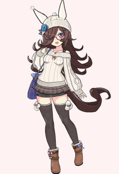 1girl alternate_costume animal_ears bag bespectacled blush breasts collarbone commentary_request full_body glasses hair_ornament hat highres horse_ears horse_girl horse_tail long_hair looking_at_viewer miyabi1221 purple_eyes rice_shower_(umamusume) shoes simple_background small_breasts standing tail thighhighs umamusume white_background