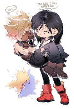 1boy 1girl 4k1030 absurdres baggy_pants bare_shoulders black_hair black_thighhighs blonde_hair blush boots brown_boots brown_gloves carrying chocobo cloud_strife covering_face dolphin ear_blush earrings embarrassed english_text final_fantasy final_fantasy_vii final_fantasy_vii_rebirth final_fantasy_vii_remake full_body gloves highres jewelry long_hair looking_at_another pants princess_carry red_boots red_eyes simple_background single_earring sleeveless sleeveless_turtleneck sparkle speech_bubble spiked_hair standing star_(symbol) suspenders sweater tank_top thighhighs tifa_lockhart turtleneck turtleneck_sweater white_background white_tank_top