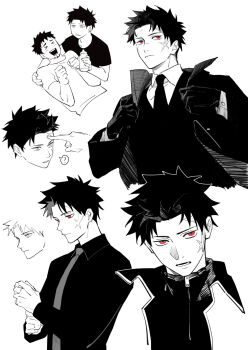 &gt;_&lt; 2boys ? baby_bottle bottle chinese_commentary coat commentary dress_shirt facial_hair father_and_son finger_to_head forehead formal_clothes gloves goatee greyscale highres jacket kagurabachi male_focus monochrome multiple_boys multiple_views necktie red_eyes rokuhira_chihiro rokuhira_kunishige scar scar_on_face shirt simple_background spiked_hair spoken_question_mark spot_color suit suit_jacket t-shirt turtleneck turtleneck_jacket yi_(826805607) zipper