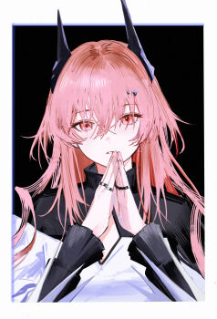 1girl 1other arknights black_dress black_horns cleavage_cutout clothing_cutout demon_horns dress hashtag-only_commentary highres horns jewelry long_hair long_sleeves looking_at_viewer multiple_rings pink_eyes pink_hair ring s_4ik4 solo steepled_fingers theresa_(arknights) turtleneck turtleneck_dress two-tone_dress white_dress