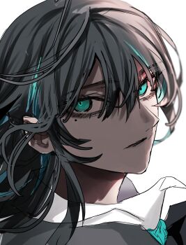 Rule 34 | 1girl, ado (utaite), black hair, blue eyes, blue hair, chando (ado), commentary, gunjyou (gunjyou 00), hair between eyes, highres, long hair, mole, mole under eye, portrait, sidelocks, simple background, solo, utaite, white background