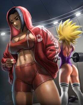 2girls absurdres ass back bare_shoulders bike_shorts black_eyes black_hair blonde_hair breasts capsule_corp caulifla cleavage dragon_ball dragon_ball_super elite_nappa exercising from_behind hand_in_pocket highres hood hood_up indoors jacket kale_(dragon_ball) large_breasts looking_to_the_side medium_breasts midriff multiple_girls navel sideboob skin_tight spiked_hair standing super_saiyan sweat tank_top thighhighs track_jacket weightlifting