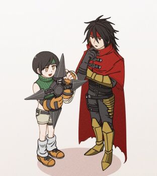 1boy 1girl armored_boots black_gloves black_hair black_pants black_shirt boots brown_eyes clawed_gauntlets crop_top crossed_arms final_fantasy final_fantasy_vii final_fantasy_vii_rebirth final_fantasy_vii_remake fingerless_gloves from_above full_body gloves green_headband green_shirt grey_shorts hair_between_eyes hand_on_own_face headband holding holding_shuriken holding_weapon holster light_blush long_hair loose_socks open_mouth orange_gloves orange_shoes pants pointy_boots red_eyes red_headband s_m_man shirt shoes short_hair shorts shuriken sleeveless sleeveless_turtleneck smile sneakers socks standing thigh_holster turtleneck vincent_valentine weapon white_background yuffie_kisaragi