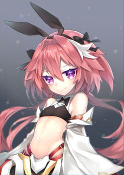 1boy animal_ear_hairband animal_ears astolfo_(fate) astolfo_(saber)_(fate) black_bow black_shirt bow commentary_request crop_top fake_animal_ears fang fate/grand_order fate_(series) grey_background hairband highres light_particles long_hair looking_at_viewer male_focus midriff pink_hair purple_eyes rabbit_ear_hairband rabbit_ears reirou_(chokoonnpu) shirt skin_fang smile solo trap