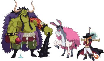 3boys absurdres arm_tattoo armlet beard black_coat black_hair bottle capri_pants cat coat colored_skin cosplay cross cross_necklace crossover cyberlord1109 donkey donkey_(shrek) donquixote_doflamingo donquixote_doflamingo_(cosplay) dracule_mihawk dracule_mihawk_(cosplay) earrings facial_hair fur_coat furry green_skin grin hat_feather highres holding holding_behind_back holding_bottle holding_sword holding_sword_behind_back holding_weapon holding_weapon_behind_back horns jewelry kaidou_(one_piece) kaidou_(one_piece)_(cosplay) multiple_boys mustache necklace ogre one_piece pants parody puss_in_boots_(shrek) rope sake_bottle scar scar_on_stomach shimenawa shirt shrek shrek_(series) skull smile spiked_armlet sunglasses sword tattoo teeth topless_male trait_connection weapon white_background white_shirt