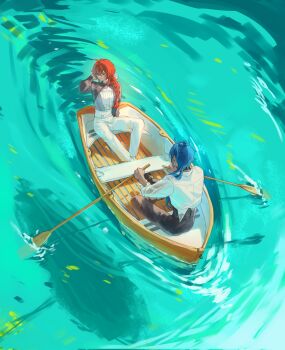 Rule 34 | 2boys, black choker, black pants, blue hair, boat, braid, choker, closed mouth, commentary request, dark-skinned male, dark skin, diluc (genshin impact), earrings, from above, full body, genshin impact, hair between eyes, highres, holding, holding oar, jewelry, kaeya (genshin impact), light smile, long hair, long sleeves, male focus, multiple boys, oar, on boat, pants, red eyes, red hair, rowboat, rowing, shirt, shirt tucked in, single braid, sitting, step-siblings, watercraft, wet, wet clothes, wet shirt, white pants, zehuij