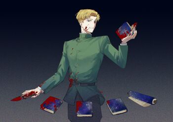 Rule 34 | 1boy, artist name, belt, black background, black belt, black pants, blonde hair, blood, blood on book, blood on clothes, blood on face, blood on hands, book, chi.: chikyuu no undou ni tsuite, commentary, gradient background, green jacket, han orb, highres, holding, holding book, holding knife, jacket, knife, male focus, open book, pants, parchment, rafal (chi.), simple background, untranslatable commentary