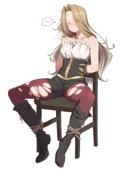 Rule 34 | ..., 1girl, arms behind back, bare shoulders, black boots, black corset, black shorts, blonde hair, blue eyes, blush, boots, bound, bound ankles, bound arms, bound legs, bound wrists, breasts, breath, brown hair, chair, closed mouth, corset, criss-cross halter, curtained hair, dirty, dirty face, eitopondo, eyes visible through hair, framed breasts, full body, green eyes, hair over one eye, half-closed eyes, halterneck, highres, jitome, knee boots, knees apart feet together, large breasts, leggings, long hair, looking at viewer, medium breasts, methode (sousou no frieren), pantyhose, parted bangs, red pantyhose, rope, short shorts, shorts, simple background, sitting, sleeveless, solo, sousou no frieren, spoken ellipsis, spread legs, sweat, tied to chair, tied up (nonsexual), torn clothes, torn leggings, torn pantyhose, white background