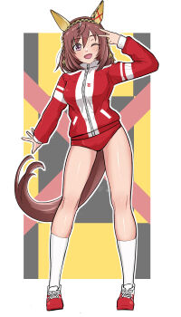 1girl absurdres alternate_costume animal_ears blush breasts brown_hair buena_vista_(umamusume) buruma commentary_request enukee full_body gym_uniform hair_between_eyes hair_ornament hairband highres horse_ears horse_girl horse_tail medium_breasts medium_hair one_eye_closed open_mouth purple_eyes racing_colors shoes simple_background socks solo standing tail umamusume white_background white_socks