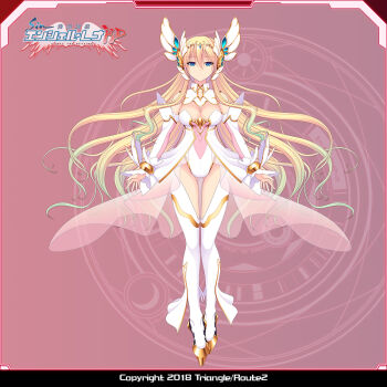 1girl bare_shoulders blonde_hair blue_eyes breasts cleavage company_name copyright_name detached_sleeves en_ciel_rena en_ciel_rena_(laelith) full_body gradient_hair green_hair hair_ornament kourin_tenshi_en_ciel_rena large_breasts leotard logo long_hair looking_at_viewer magical_girl multicolored_hair official_art pink_background saitou_natsuki see-through_clothes solo suhamaya thighhighs tiara tomoe_rena very_long_hair white_leotard white_thighhighs