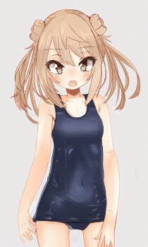 1girl angry blue_one-piece_swimsuit blush breasts brown_eyes brown_hair collarbone covered_navel cowboy_shot double_bun gradient_background grey_background hair_bun highres kantai_collection looking_at_viewer mf_u_c michishio_(kancolle) old_school_swimsuit one-piece_swimsuit open_mouth school_swimsuit short_hair small_breasts swimsuit twintails
