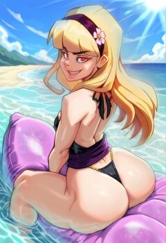 1girl absurdres ass beach black_hairband blonde_hair blue_sky child_(dc) day dc_comics grin hairband highres long_hair looking_back outdoors red_eyes relius_(reliusmax) sitting sky smile solo water young_justice young_justice:_phantoms