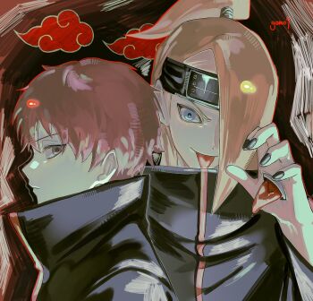 Rule 34 | 1017gomo9, 2boys, :p, akatsuki uniform, asymmetrical bangs, blue eyes, deidara (naruto), extra mouth, eyeliner, forehead protector, grey eyes, hair over one eye, happy, high ponytail, highres, long hair, makeup, male focus, multiple boys, naruto (series), naruto shippuuden, ponytail, robe, sasori (naruto), short hair, signature, sketch, tongue, tongue out