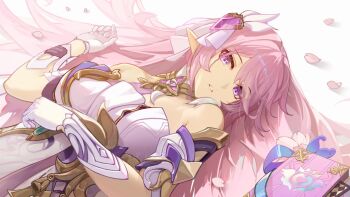 1girl arm_armor bare_shoulders book breasts bu_zhengjing_de_xiao_xingxing detached_sleeves dress elysia_(herrscher_of_human:_ego)_(honkai_impact) elysia_(honkai_impact) gold_choker gold_trim hair_ornament hair_spread_out highres honkai_(series) honkai_impact_3rd long_hair looking_at_viewer lying medium_breasts petals pink_eyes pink_hair pointy_ears rose_petals sidelocks single_strap solo upper_body very_long_hair white_dress