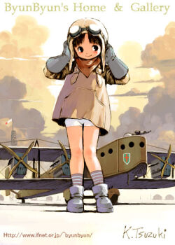 1girl aircraft airplane artist_name aviator_cap aviator_goggles bad_id bike_shorts biplane black_boots black_eyes black_gloves black_hair boots brown_dress brown_shirt closed_mouth cloud commentary dress full_body gloves goggles goggles_on_headwear grey_socks hands_on_headwear hands_up loli original outdoors propeller shirt short_dress short_hair short_shorts shorts sideways_glance signature smile socks solo standing striped_clothes striped_socks tsuzuki_kazuhiko watermark web_address white_shorts