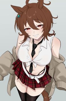1girl :d absurdres agnes_tachyon_(umamusume) amesuku_gyaru animal_ears bare_shoulders belt between_breasts black_necktie black_thighhighs breasts brown_hair cardigan cleavage collared_shirt commentary_request cowboy_shot grey_cardigan grey_hair grin gyaru hair_between_eyes highleg highleg_panties highres horse_ears horse_girl horse_tail kogal large_breasts long_sleeves looking_at_viewer medium_hair navel necktie necktie_between_breasts nitsutomeo_shinobu off_shoulder open_mouth panties panty_straps plaid_clothes plaid_skirt pleated_skirt red_eyes red_skirt shirt skirt sleeveless sleeveless_shirt smile solo standing tail thighhighs tied_shirt umamusume underwear white_belt white_shirt