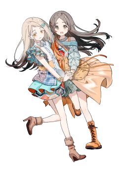 Rule 34 | 2girls, blonde hair, blue shirt, blue skirt, blue sweater, blunt ends, blush, boots, bracelet, brown boots, brown eyes, brown hair, collared shirt, colored eyelashes, dress, flipped hair, full body, gakuen idolmaster, gradient hair, green skirt, grey hair, hair ornament, hairclip, high heel boots, high heels, highres, holding hands, idolmaster, jewelry, kuramoto china, lace-up boots, laurels, leaf hair ornament, long hair, long sleeves, looking at viewer, michinaru hirogaru (idolmaster), migolu, multicolored hair, multiple girls, open mouth, orange boots, orange dress, orange eyes, parallel hairclips, parted bangs, shinosawa hiro, shirt, short sleeves, simple background, skirt, smile, standing, standing on one leg, sweater, swept bangs, white background