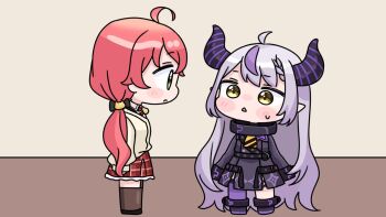 Rule 34 | 2girls, :<, ahoge, black boots, black bow, black dress, blush stickers, boots, bow, braid, braided bangs, brown eyes, brown jacket, brown thighhighs, chibi, collared shirt, demon horns, dress, garter straps, green eyes, grey hair, hair bow, hololive, horns, indoors, jacket, la+ darknesss, la+ darknesss (1st costume), long hair, long sleeves, low twintails, mochimiko, multicolored hair, multiple girls, parted lips, pink hair, plaid clothes, plaid skirt, pointy ears, puffy long sleeves, puffy sleeves, purple hair, purple thighhighs, red skirt, sakura miko, shirt, single thighhigh, skirt, sleeves past wrists, small sweatdrop, standing, streaked hair, sweat, thighhighs, thighhighs under boots, triangle mouth, twintails, very long hair, virtual youtuber, white shirt