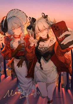 2girls absurdres bare_shoulders black_flower black_gloves black_shirt blake_bloom_(wuthering_waves) blue_hair breasts camellya_(wuthering_waves) cellphone chinese_commentary closed_mouth commentary_request crop_top evening flower gloves hair_flower hair_ornament hand_up highres holding holding_phone jacket long_hair long_skirt looking_at_another medium_breasts multiple_girls navel official_alternate_costume one_eye_closed outdoors parted_lips phone red_jacket shirt shorekeeper_(wuthering_waves) short_hair skirt smartphone smile stomach v white_hair white_skirt wuthering_waves yibanluguojuanjuanzi