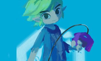 1boy black_eyes blue_background closed_mouth commentary commentary_request controller gamecube_controller green_hair holding holding_controller ktmr_mgmg link looking_at_viewer male_focus nintendo official_alternate_costume pointy_ears shirt short_hair smile solo the_legend_of_zelda the_legend_of_zelda:_the_wind_waker toon_link upper_body