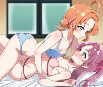 Rule 34 | 2girls, ahoge, akechi anna, blush, bra, breasts, commentary request, girl on top, green eyes, kobayashi mikuru, looking at another, lying, mak066, meitantei precure!, multiple girls, orange hair, panties, precure, small breasts, smile, underwear, underwear only, yuri