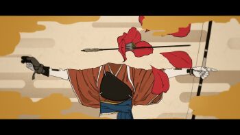 Rule 34 | 1girl, a.i. voice, adachi rei, alternate costume, android, archery, arrow (projectile), blue hakama, blurry, bow (weapon), brown background, depth of field, egasumi, falling petals, flower, gloves, hakama, headless, highres, holding, holding arrow, holding bow (weapon), holding weapon, impaled, index finger raised, japanese clothes, joints, kaniebiuni, kimono, kyuudou, letterboxed, looking to the side, manimani (vocaloid), medium hair, muneate, partially fingerless gloves, partly fingerless gloves, petals, red flower, red kimono, robot joints, short sleeves, solo, tasuki, upper body, utau, weapon, yugake, yumi (bow)