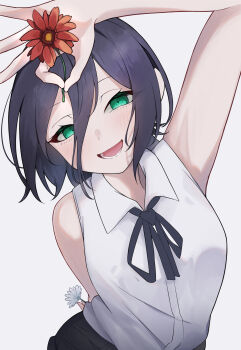 1girl absurdres arm_up black_hair black_ribbon chainsaw_man commentary flower green_eyes hair_between_eyes highres holding holding_flower looking_at_viewer lower_teeth_only nanala neck_ribbon open_mouth red_flower reze_(chainsaw_man) ribbon shirt simple_background sleeveless sleeveless_shirt solo teeth white_background white_flower white_shirt