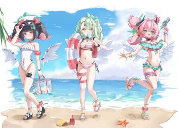 3girls absurdres adjusting_eyewear alternate_costume angel_wings angels_of_delusion aria_(zenless_zone_zero) backpack bag beach bikini black_choker black_hair blue_eyes blunt_bangs bracelet breasts choker eating eyewear_on_head fake_wings food frilled_thigh_strap green_eyes green_hair green_halo hair_intakes hair_ornament halo harveythenerdy highres holding holding_bag holding_food holding_popsicle holding_swim_ring holding_water_gun innertube jewelry loli looking_at_viewer medium_breasts medium_hair multiple_girls nangong_yu navel necklace one-piece_swimsuit outdoors pink_bikini pink_eyes pink_hair popsicle randoseru red_bag ruffle_bikini sand sandals side-tie_bikini_bottom sidelocks small_breasts standing standing_on_one_leg star_(symbol) star_hair_ornament stomach striped_bikini striped_clothes sunglasses sunna_(zenless_zone_zero) swim_ring swimsuit thigh_strap twintails water_gun white_bikini white_one-piece_swimsuit white_wings wings zenless_zone_zero