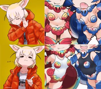 absurdres animal_ears armor beleven bikini_armor blonde_hair blue_hair censored commentary common_raccoon_(kemono_friends) drakeposting_(meme) elbow_gloves extra_ears fennec_(kemono_friends) fox_ears fox_girl gloves highres jacket jewelry kemono_friends meme multiple_girls necklace official_alternate_costume parody red_hair shiisaa_lefty shiisaa_right shirt short_hair simple_background swimsuit tail thighhighs translated