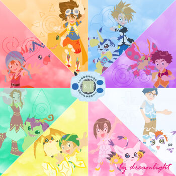 3girls 5boys absurdres angemon birdramon child crests_(digimon) digimon digimon_(creature) digimon_adventure digivice fdreamlight garurumon glasses greymon highres ikkakumon ishida_yamato izumi_koshiro kabuterimon kido_jo multiple_boys multiple_girls open_mouth tachikawa_mimi tailmon takaishi_takeru takenouchi_sora togemon yagami_hikari yagami_taichi
