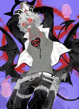 1boy abs amultiply6 bat_wings belt black_halo chest_tattoo chibi chibi_inset commentary_request cowboy_shot cross cross_necklace elon_musk grin guilty_gear guilty_gear_strive hair_between_eyes halo halo_behind_head happy_chaos heart heart_tattoo highres hip_bones horns jacket jewelry necklace necklace_in_mouth no_shirt open_clothes open_jacket own_hands_together pants partially_colored pectorals purple_background red-tinted_eyewear short_hair smile solo_focus spiked_halo tattoo tinted_eyewear toned toned_male twitter_username wings x-shaped_eyewear