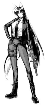 1girl absurdres animal_ears battle_rifle boots collared_shirt commentary_request dog_ears dog_girl dog_tail fingerless_gloves formal_clothes gloves gun heterochromia highres holding holding_gun holding_weapon holster inuinupuppy jacket long_hair long_sleeves monochrome necktie original pants rifle shirt simple_background suit suit_jacket tail thigh_holster weapon white_background