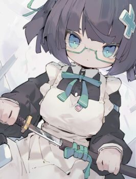 1girl absurdres apron black_dress black_hair blue_eyes blunt_bangs bow bowtie closed_mouth commentary dated_commentary dress glasses green-framed_eyewear green_bow green_bowtie green_ribbon grey_background hair_ribbon highres holding holding_sword holding_weapon maid nep_(nep_76) original ribbon semi-rimless_eyewear short_hair solo sword under-rim_eyewear upper_body weapon white_apron