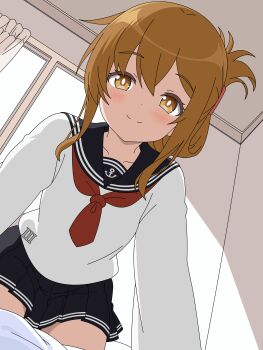 1girl absurdres anchor_symbol bedroom black_sailor_collar black_skirt blush brown_eyes brown_hair commentary_request curtains folded_ponytail from_below highres inazuma_(kancolle) kantai_collection kneeling long_sleeves looking_at_viewer neckerchief pleated_skirt red_neckerchief sailor_collar school_uniform serafuku shirt sidelocks skirt smile solo split_mouth sugapi white_shirt window