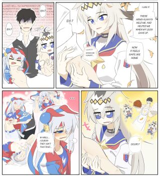 +++ 1boy 1girl 2girls ahoge animal_ears apron belt black_hair blue_eyes blue_hairband blue_jacket blue_sports_bra blush bow brooch chibi croquette doli_palta drooling ear_bow ear_covers ear_ornament eye_contact face-to-face female_pervert fingerless_gloves gloves glutton grabbing_from_behind grey_hair grey_tail hair_between_eyes hair_ornament hairband hand_on_another's_stomach headband highres horse_ears horse_girl horse_tail jacket jewelry kabedon lightning_bolt_symbol long_hair long_sleeves looking_at_another multicolored_hair multicolored_hairband multiple_girls muscular muscular_male naked_apron navel oguri_cap_(starlight_beat)_(umamusume) oguri_cap_(umamusume) open_mouth pants pantyhose pervert pov pov_hands red_belt red_headband rice sailor_collar shirt skirt solo sports_bra star_brooch striped_clothes striped_hairband tail tamamo_cross_(fast_as_lightning)_(umamusume) tamamo_cross_(umamusume) trainer_(umamusume) two-tone_hairband umamusume very_long_hair white_pants yellow_eyes
