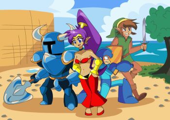 1girl 2boys arm_cannon blue_eyes capcom crossover elf full_body hand_on_own_hip hat horns link mega_man_(character) mega_man_(series) midriff multiple_boys navel night nintendo pointy_ears ponytail purple_hair robot robot_ears series shantae shantae_(series) shield shovel shovel_knight shovel_knight_(character) sword the_legend_of_zelda tunic weapon zelda_ii:_the_adventure_of_link
