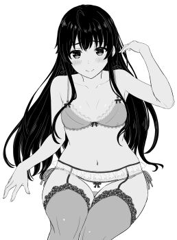 Rule 34 | 1girl, absurdres, blush, bow, bow bra, bow panties, bra, breasts, closed mouth, collarbone, frilled garter belt, garter belt, greyscale, hand up, highres, inanaki shiki, invisible chair, lace, lace-trimmed bra, lace-trimmed thighhighs, lace trim, lingerie, long hair, looking at viewer, monochrome, navel, panties, side-tie panties, simple background, sitting, small breasts, smile, solo, string panties, thighhighs, underwear, underwear only, white background, yahari ore no seishun lovecome wa machigatteiru., yukinoshita yukino