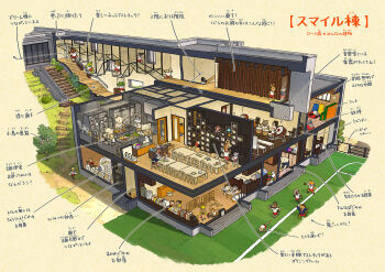 6+others analog_clock arrow_(symbol) chair clock commentary_request cooking cross-section day door drum furry grass highres instrument kitchen multiple_others original poppo_sutchy scenery stairs standing table translation_request wall_clock window