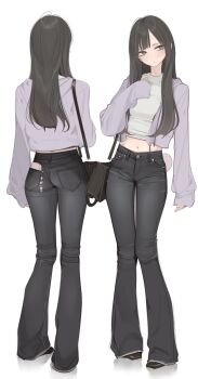 1girl ama_mitsuki ass bag black_bag black_hair black_pants blue_eyes blunt_bangs blush closed_mouth commentary_request crop_top denim elbow_carry full_body handbag highres jacket jeans long_hair long_sleeves navel original pants shirt shoulder_bag simple_background sleeves_past_wrists solo standing white_background white_shirt