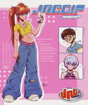 1boy 2girls absurdres alternate_costume artist_name ayanami_rei baggy_pants belt blowing_bubble_gum blue_eyes blue_hair blue_pants breasts brown_hair cellphone cellphone_charm charm_(object) chewing_gum commentary crop_top cropped_shirt denim english_text facial_mark fake_ad fake_scan flip_phone game_boy_advance game_boy_advance_sp handheld_game_console headphones headphones_around_neck highres holding holding_handheld_game_console holding_phone ikari_shinji jeans jewelry long_hair midriff monochrome motorola_razr mrmiguelart multiple_girls navel necklace neon_genesis_evangelion orange_hair pants peanuts_(comic) phone pink_belt playing_games red_eyes shirt shoes short_hair signature small_breasts smile sneakers snoopy solo sonic_(series) sonic_the_hedgehog souryuu_asuka_langley star_(symbol) sunglasses t-shirt twintails y2k_fashion yellow_shirt