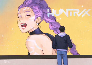 1boy 1girl artist_name bare_shoulders black_hair black_jacket black_shirt blue_pants body_markings braid closed_eyes commentary derivative_work earrings english_commentary facial_mark fang felia_hanakata grey_hoodie highres hood hoodie huntrix jacket jacket_over_hoodie jewelry jinu_(kpop_demon_hunters) kpop_demon_hunters long_hair looking_at_another open_mouth pants purple_hair rumi_(kpop_demon_hunters) shirt short_hair single_braid smile turtleneck veil_(manga) very_long_hair