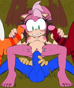 1girl 3boys amy_rose green_eyes handjob highres multiple_boys nipples nude penis pussy sex sonic_(series) thorn_rose